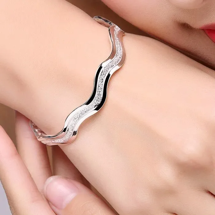 Authentic Luxury Wavy Open Bangle Bracelet For Women Frosted Women Bracelet Double Line Ring Love Interwoven Water Ripple Bracelet Jewelry