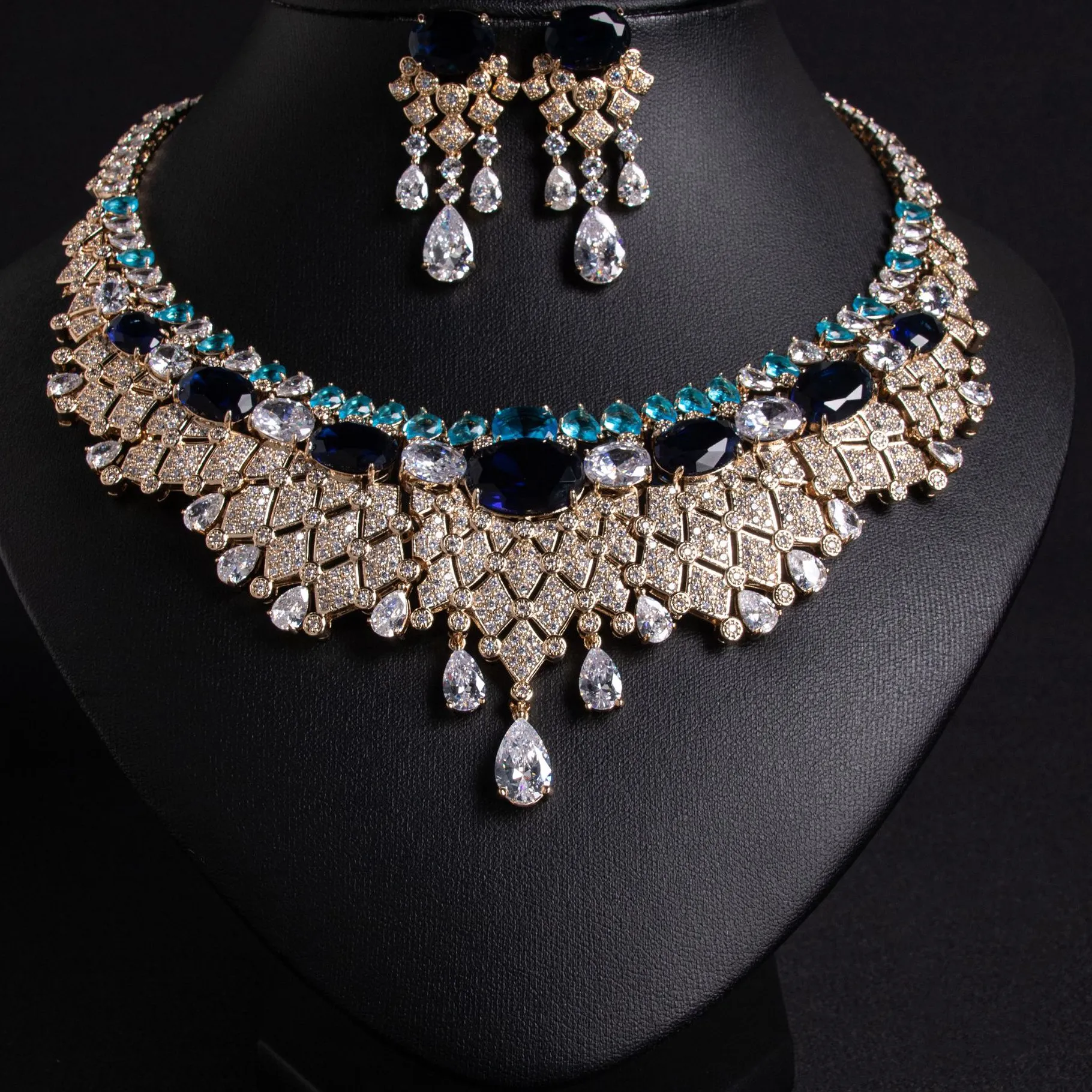 Authentic Brilliant Ripple Tassel Zirconia Confidence Women Necklace Earrings Jewellery Set Evening Bridal Wedding Dress Accessories M-291