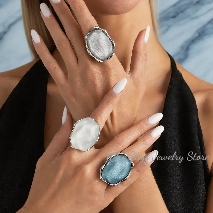Authentic Vintage Blue Water Ripple Gemstone Resin Finger Rings for Women Hyperbole Trendy Geometric Alloy Ring Jewelry Accessories Gift