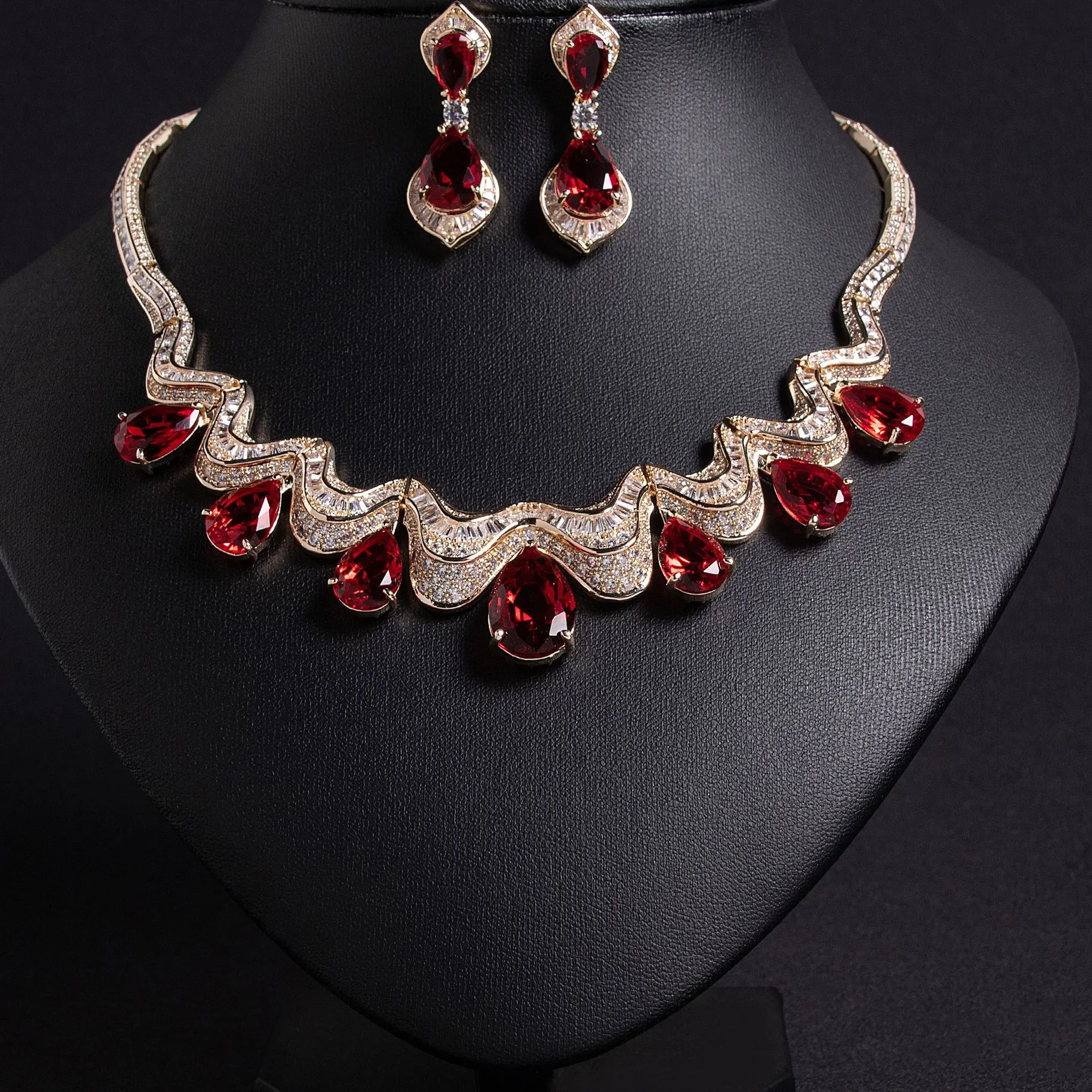 Authentic HIBRIDE New Elegant Luxury Drops Unique Ripple Necklace Earrings Ladies Zirconia Jewellery Set Party Summer Event Wedding S-620