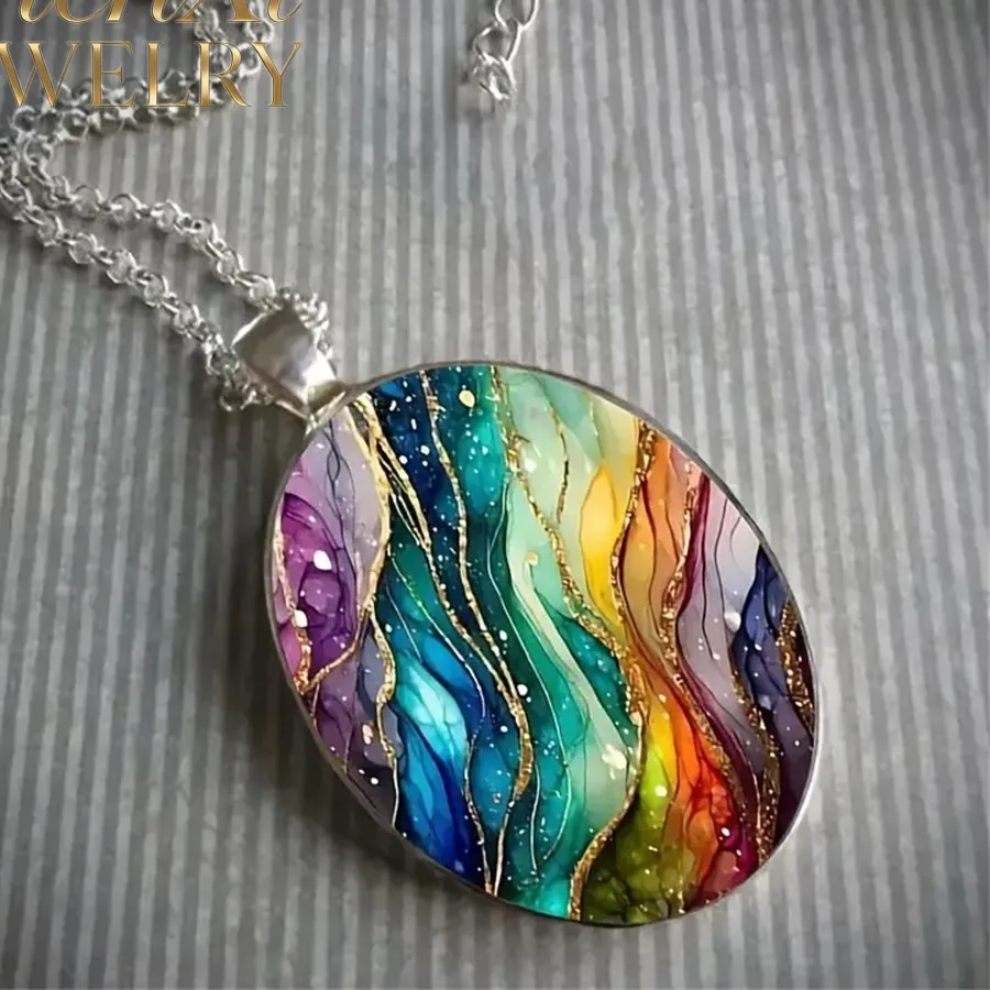 Authentic Retro Dreamy Ripple-Shaped Oval Glass Zinc Alloy Pendant Necklace Best Selling Popular Exquisite Gift Fashion Jewelry Simple