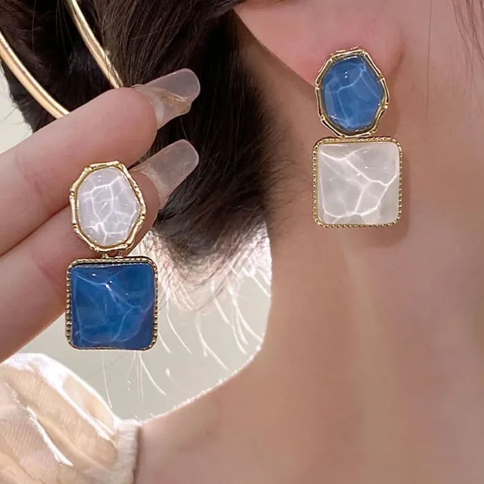Authentic 925 Silver Needle Korean Fashion Dream White Blue Square Drop Earrings For Women Jewelry 2026 Trending New Water Ripple Earrings