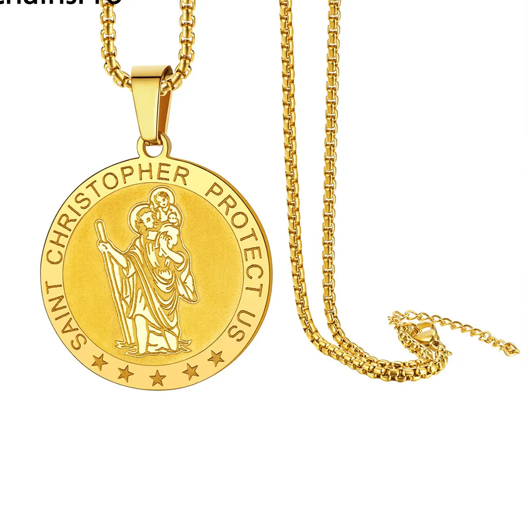 Authentic ChainsPro St.Christopher Necklace for Men Woman Round Tag Coin Pendant Medal Protection Amulet Jewelry