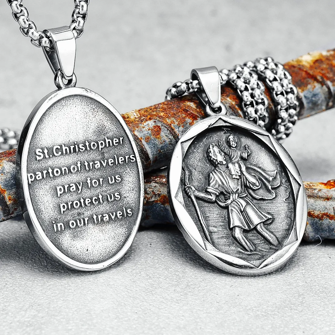 Authentic St Christopher Pendant Necklace Inscription 316L Chain Punk Rock Hip Hop For Rider Biker Jewelry