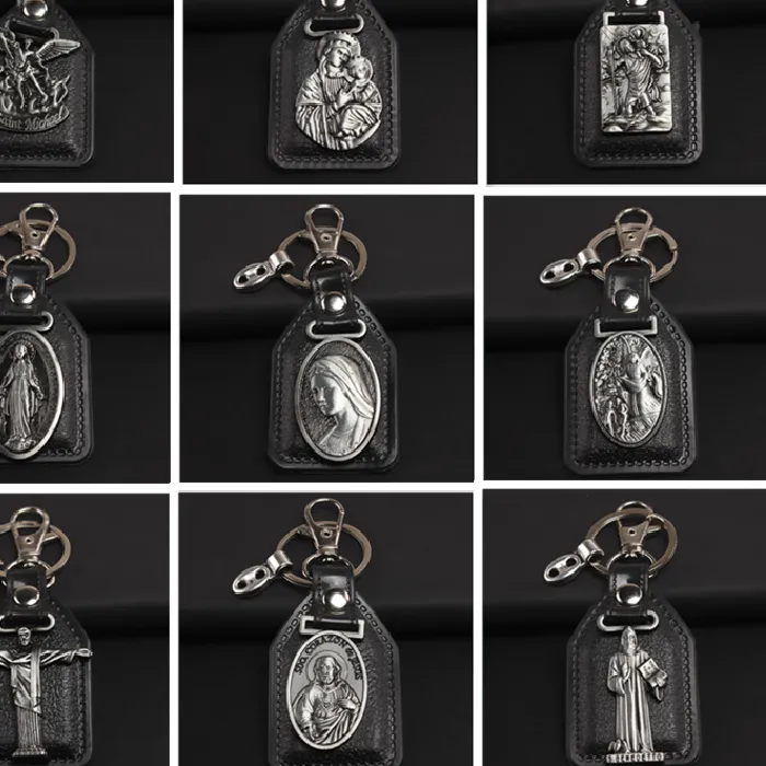 Authentic Virgin Mary Keychain, Saint Christopher Keychain, Saint Michael Keychain, PU Leather Keyring, DIY Church Jewelry Crafts