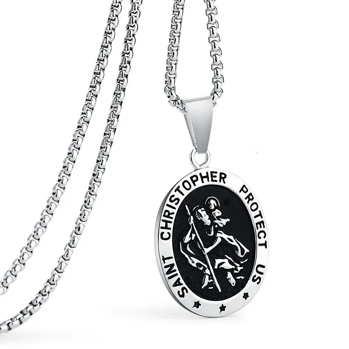 Authentic Valily Saint Christopher Necklace Man Black Catholic Patron St Medal Pendant Jewelry Traveler Medallion Necklace