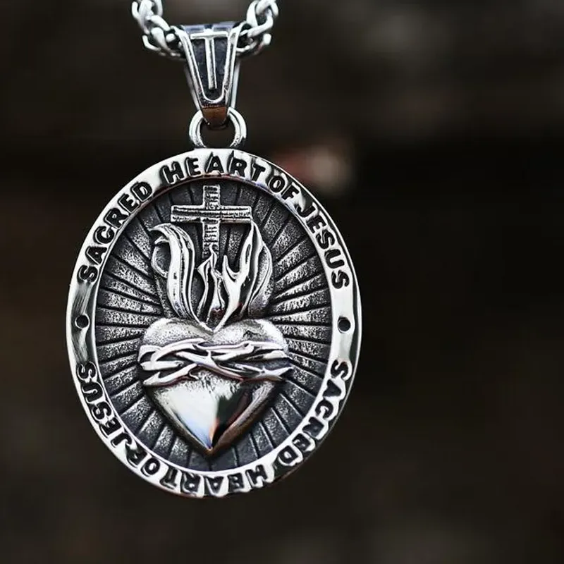 Authentic Vintage St. Christopher Heart of Jesus Cross Pendant Necklace For Men Amulet Catholic Necklace Jewelry