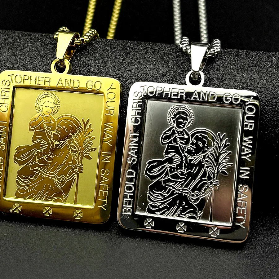 Authentic Saint Christopher Go Your Way In Safety Square Medal Pendant Necklace Gold Color Catholic Amulet Chain Jewelry