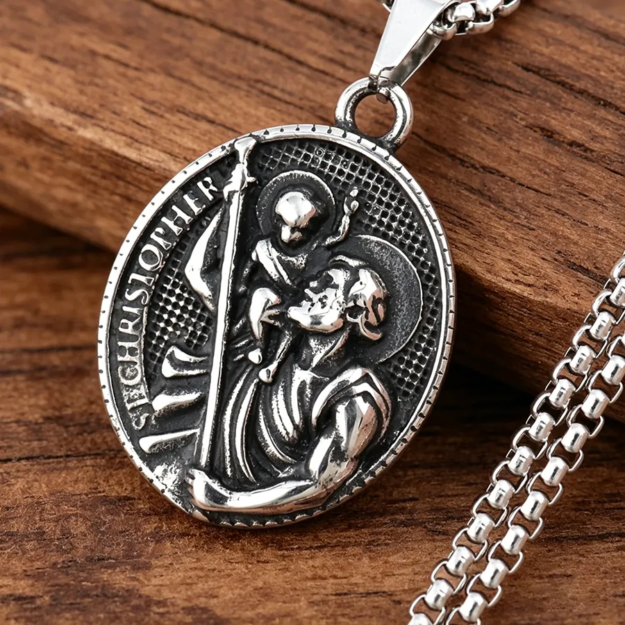 Authentic St. Christopher Pendant Necklace Men Women Punk Patron Saint Amulet Jewelry