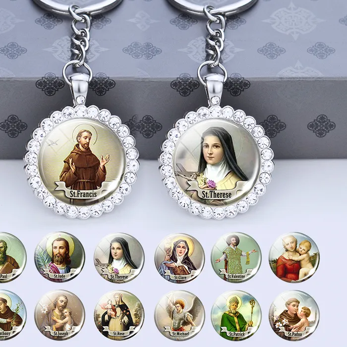 Authentic Saint Keychain Religious Jewerly St Michael St Anthony St Therese St Joseph Rhinestone Pendant Keychains Keyrin