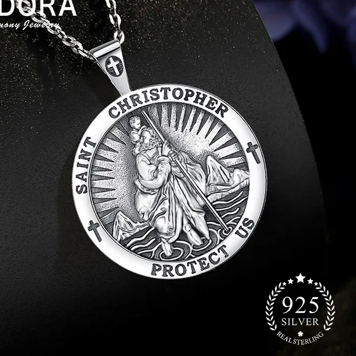 Authentic Eudora Saint Christopher Necklace 925 Sterling Silver Catholic Amulet Cross Pendant Vintage Medallion Religious Jewelry for Men