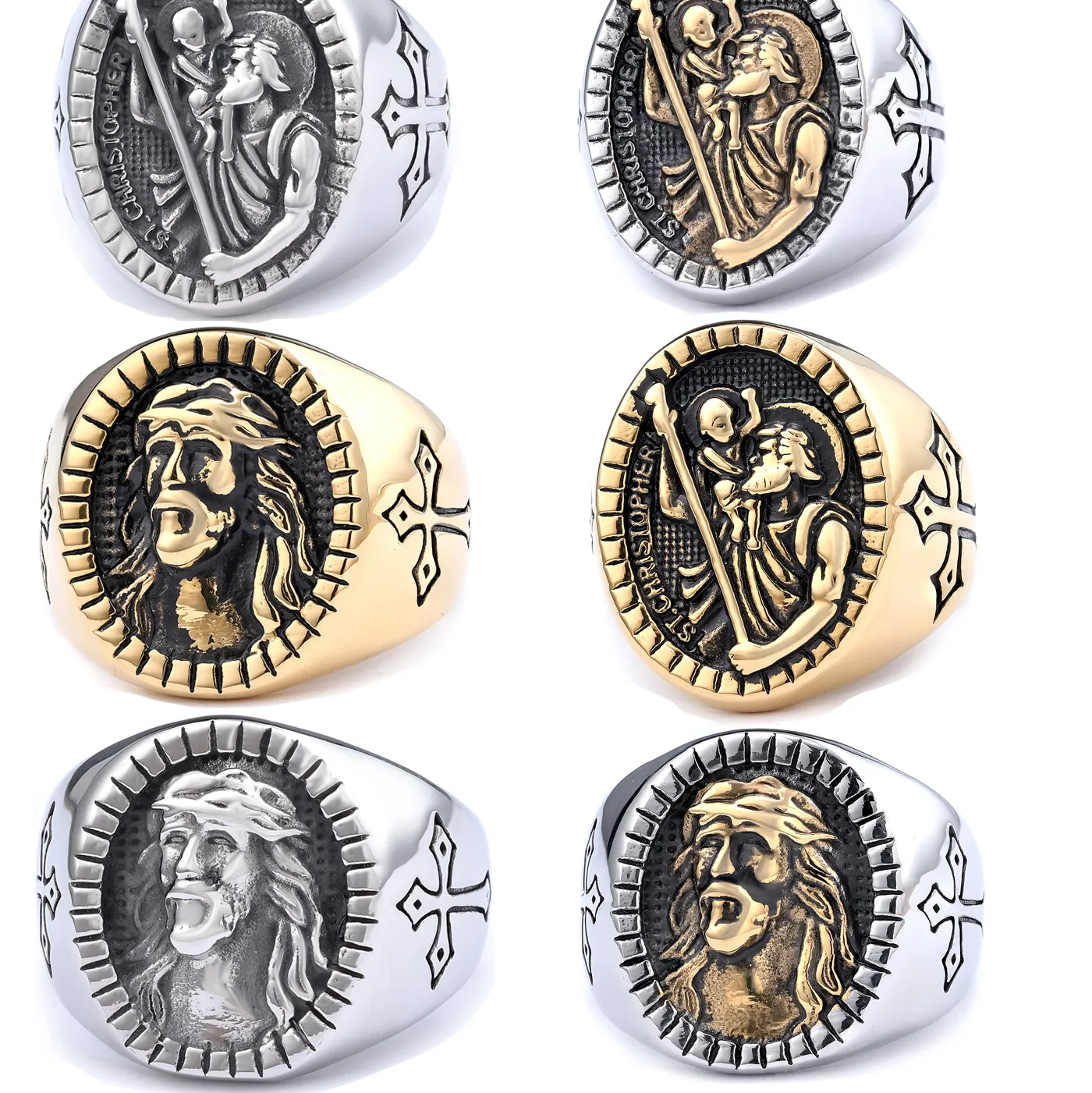 Authentic 5 pcs Ring Men Hiphop Jewelry Gold Plated Tarnish Free Catholic St.Christopher Rings Men