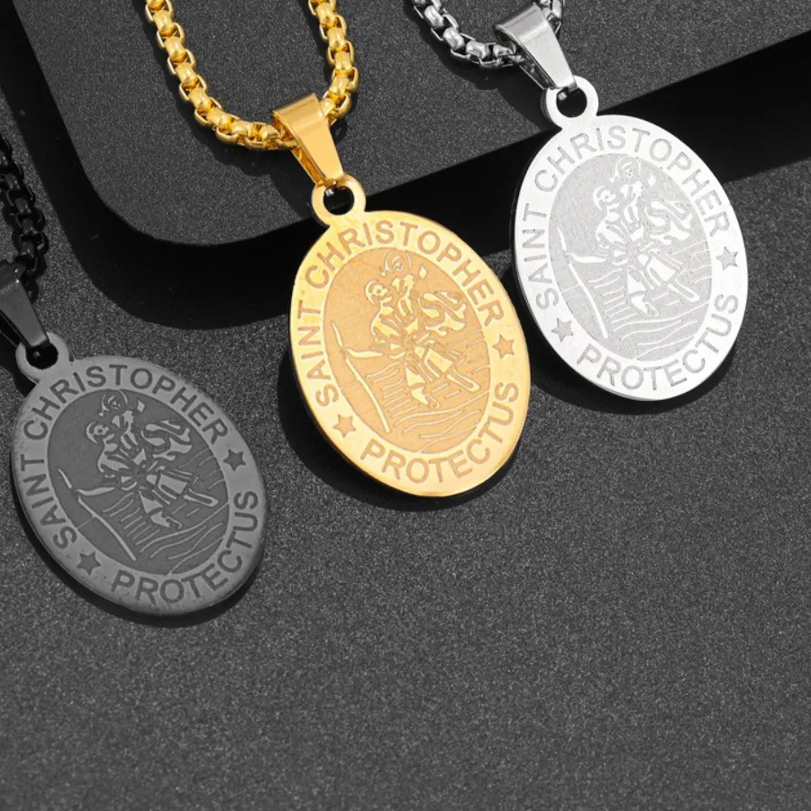 Authentic Oval St. Christopher Pendant Charm Men's Necklace Christmas Valentine's Day Protector Jewelry