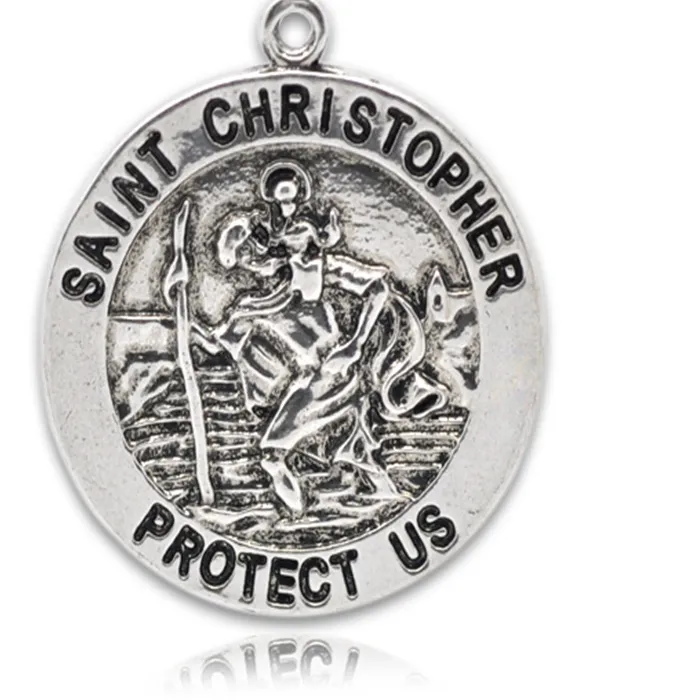 Authentic 10 PCs Doreen Box Round Pendants Printed Message "St.Christopher" Silver Color 33x30mm For DIY Jewelry Making Findings