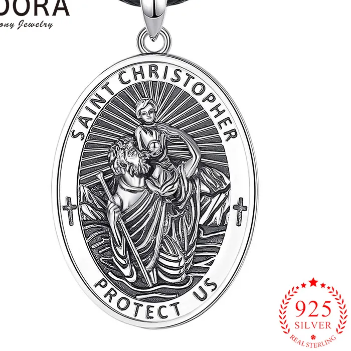Authentic Eudora 925 Sterling Silver Saint Christopher Necklace Cross Amulet Pray Us Pendant Catholic Jewelry Religious for Men