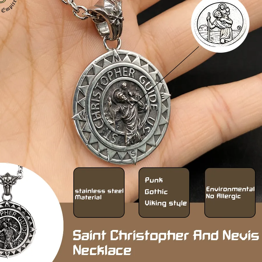 Authentic Men's St Christopher Necklace Travel Protection Compass Pendant Religious Jewelry Safety for Him
