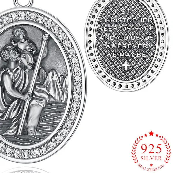 Authentic Eudora 925 Sterling Silver Saint Christopher Necklace for Men Women Exquisite Zircon Pendant Cross Amulet Christian Jewelry