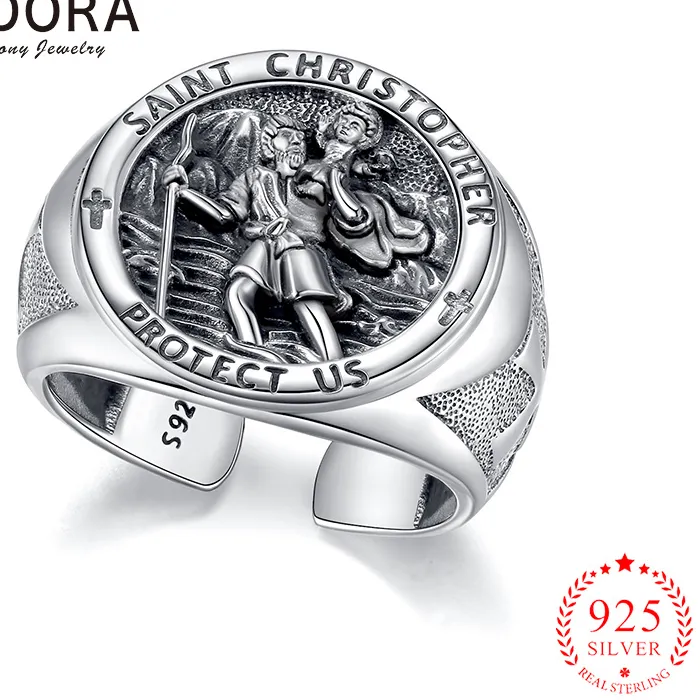 Authentic Eudora Saint Christopher Adjustable Ring 925 Sterling Silver Catholic Amulet Cross Ring Religious Jewelry for Men Women