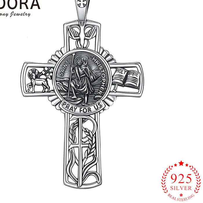 Authentic Eudora 925 Sterling Silver Saint Christopher Necklace Cross Christian Amulet Pendant Cutout Creative Design Jewelry