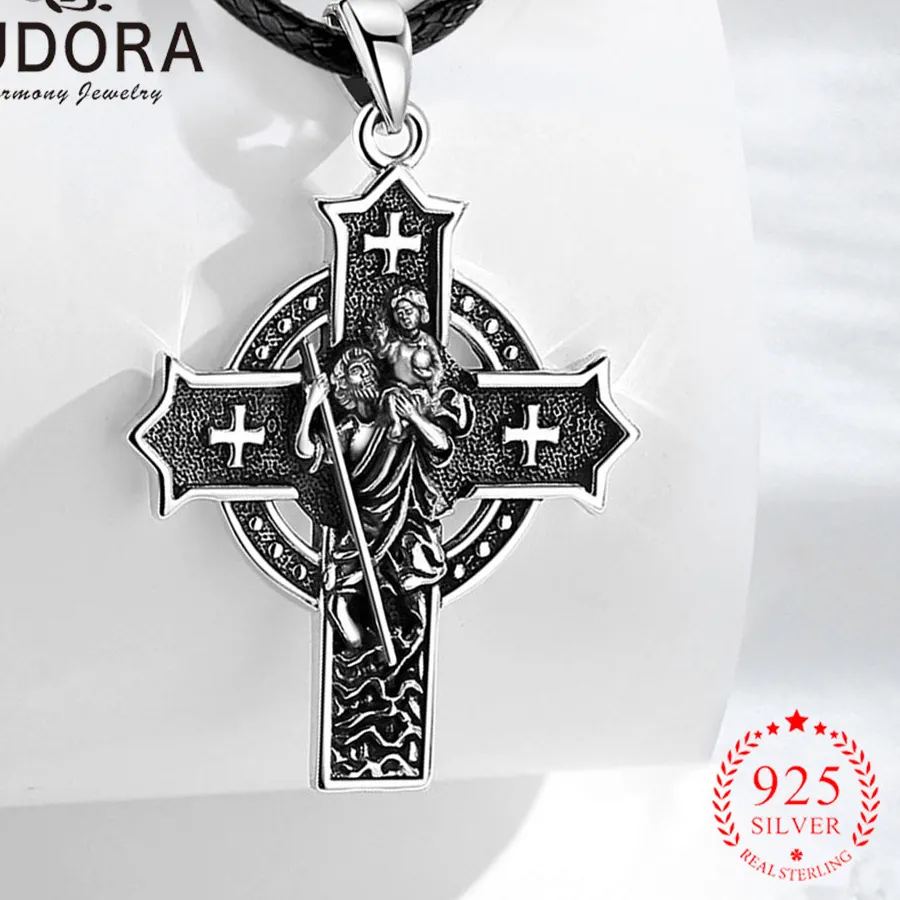 Authentic Eudora 925 Sterling Silver Saint Christopher Necklace Catholic Cross Pendant Vintage Jewelry Religion for Men Woman