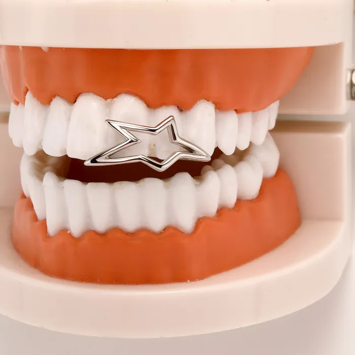 Authentic Y2K Cyber Punk Glossy Geometric Star Pentagram Tooth Caps Irregular Christmas Accessory Teeth Grillz Jewelry And