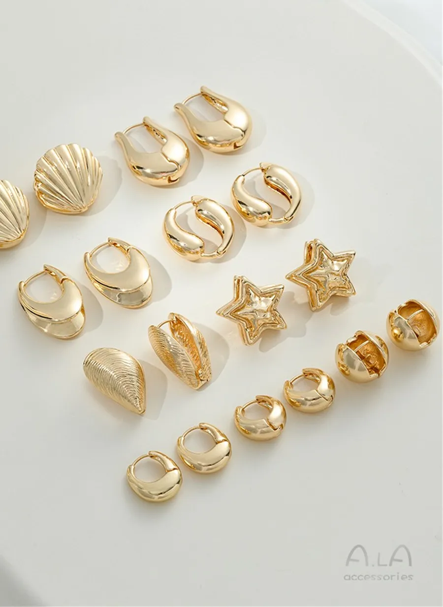 Authentic 14K Gold Shell Earrings Water Drop Pentagram Round Ear Buckle White Gold Light Luxury Internet Celebrity Ear Jewelry