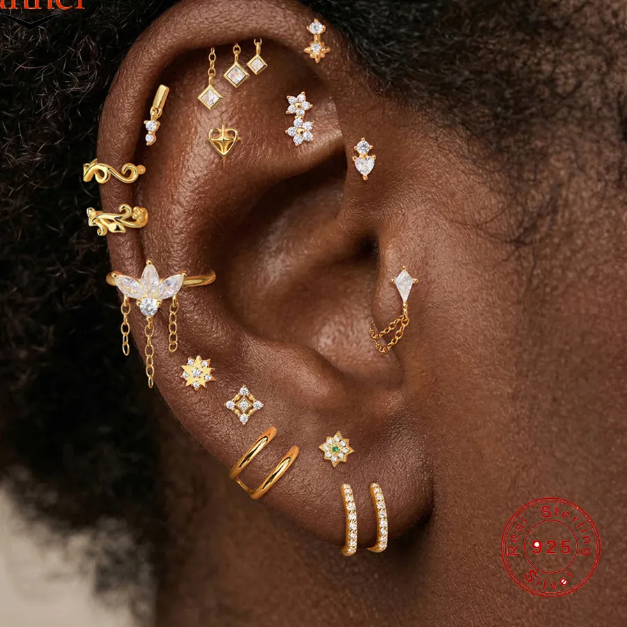 Authentic Canner 1Pc 925 Sterling Silver Double Layer C- Shaped Zircon Thread Flat Back Ear Bone Pentagram Earring Jewelry