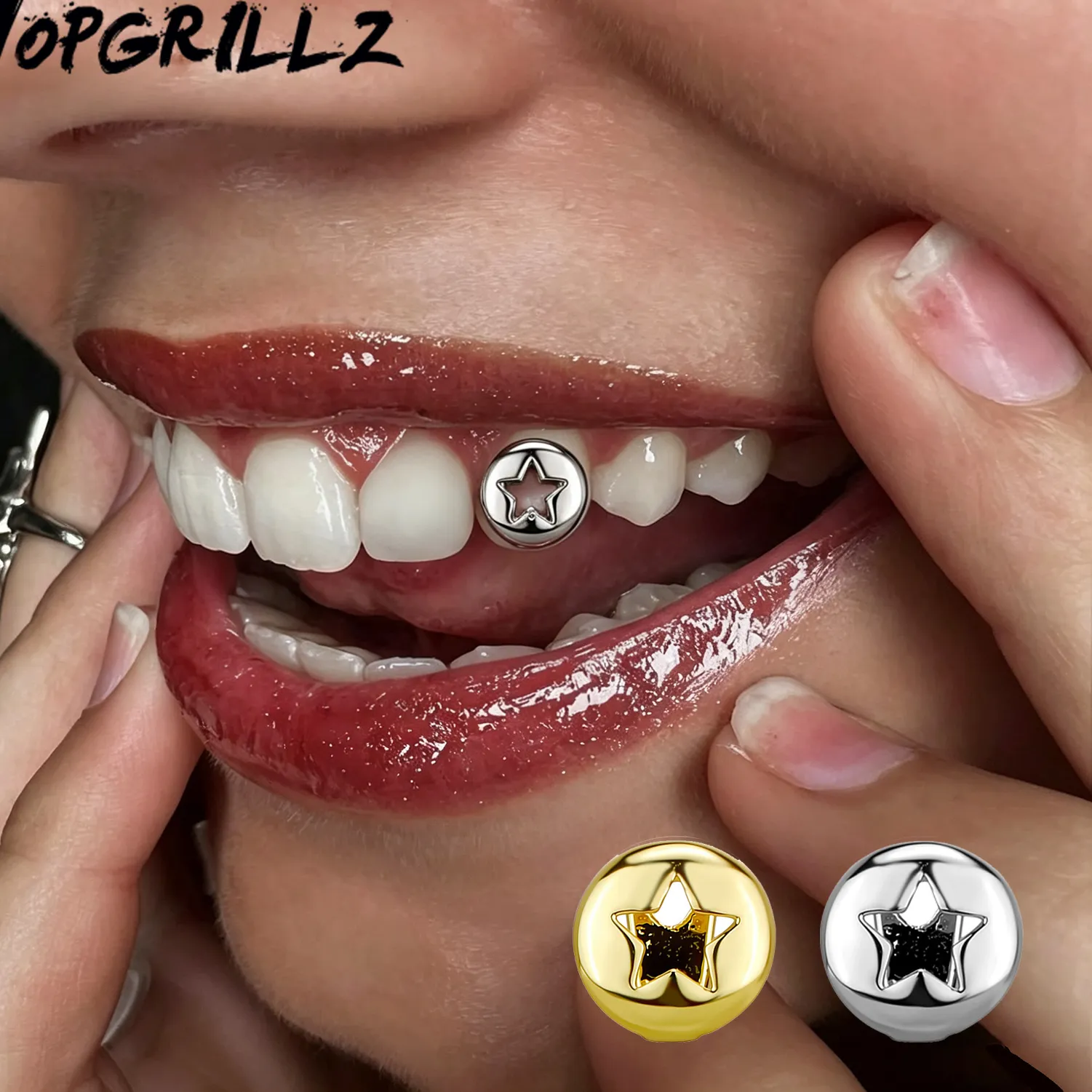 Authentic TOPGRILLZ Glossy Hollow Round Star SingleTooth Caps For Women Men Punk Pentagram Teeth Grillz Mouth Jewelry Cosplay