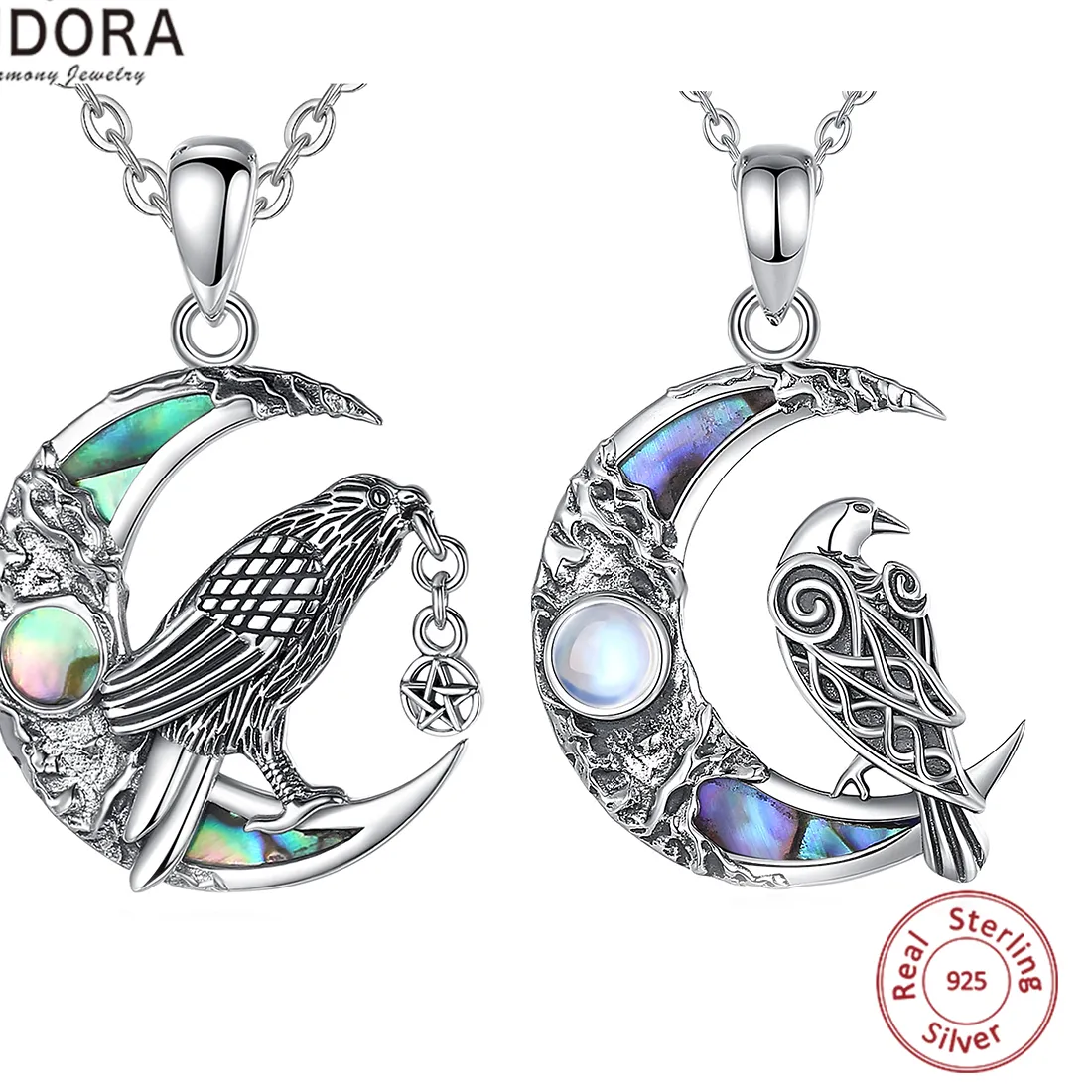 Authentic Eudora 925 Sterling Silver Viking Raven Moon Necklace for Women Man Pentagram Crow Amulet Pendant Natural Abalone Shell Jewelry