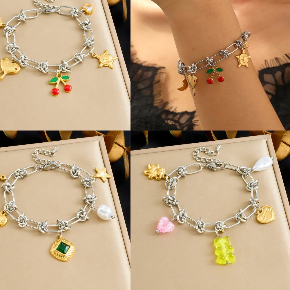 Authentic LAMENGLY 316L Multiple Accessories Cherry Heart Moon Star Bear Charm Bracelet Women Trend Hand Chain Gifts
