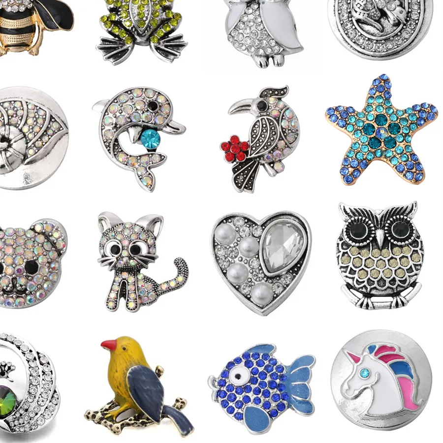 Authentic 6pcs/lot DIY Crystal Animal Cat Dolphin Fish Owl Bee Bear Snap Buttons Jewelry Fit 18mm Metal Snap Button Jewelry DIY Bracelet