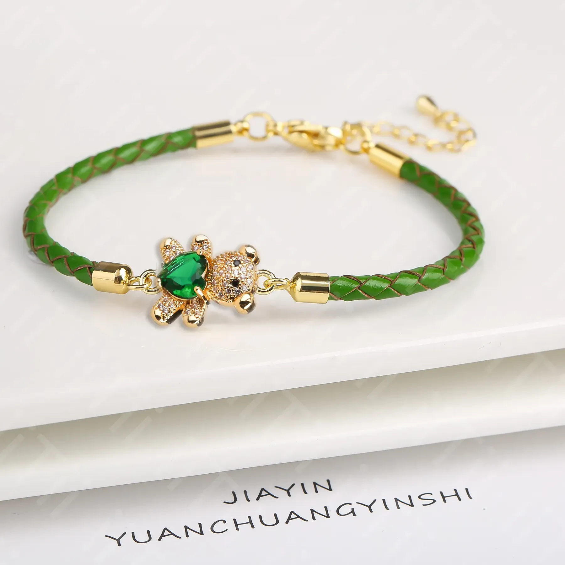 Authentic Adjustable Cute Crystal Cubic Zirconia Bear Leather Rope Bracelet Classic for Woman Girl Wrist Jewelry Daily Wear
