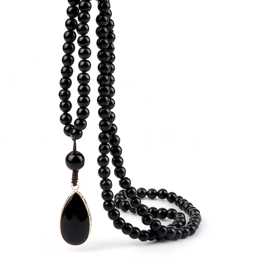 Authentic 6Mm Natural Stone Black Obsidian Tiger- Eye Beads Necklaces Handmade Knotted 108 Mala Necklaces Yoga Meditation Jewelry