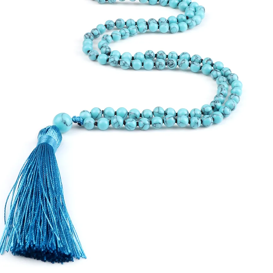 Authentic 108 Beads Knotted Japamala Necklace Women Men Bohemian Blue Pine Stone Pendant Necklaces Female Meditation Yoga Blessing Jewelry