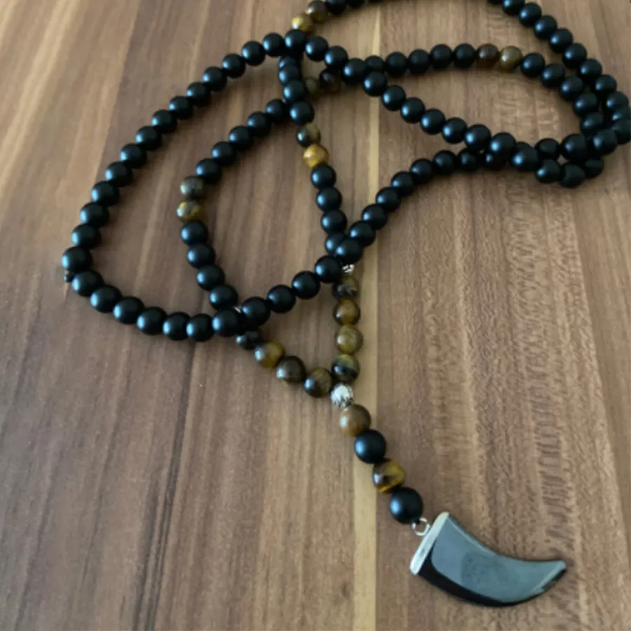 Authentic 8mm Matte Black Onyx Yellow Tiger Eye Beads 108 Mala Necklace with Hematite Bull Horn Pendant