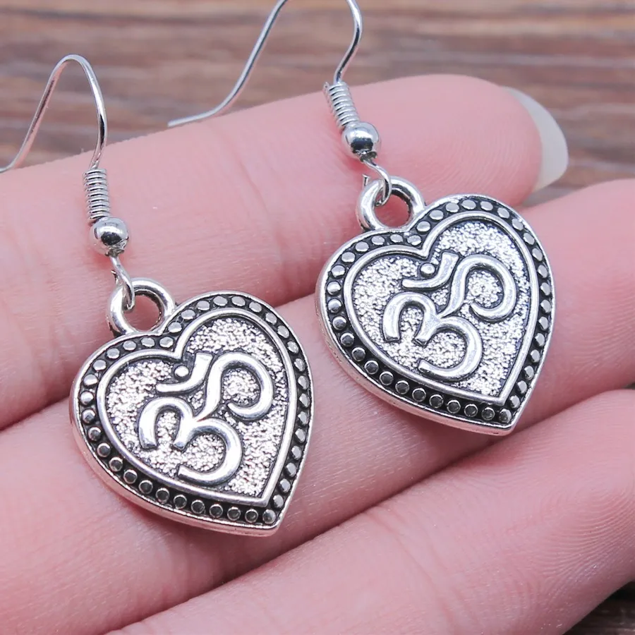 Authentic Handmade Simple Design Antique Silver Color Heart Om Pendant Earrings Drop Earrings