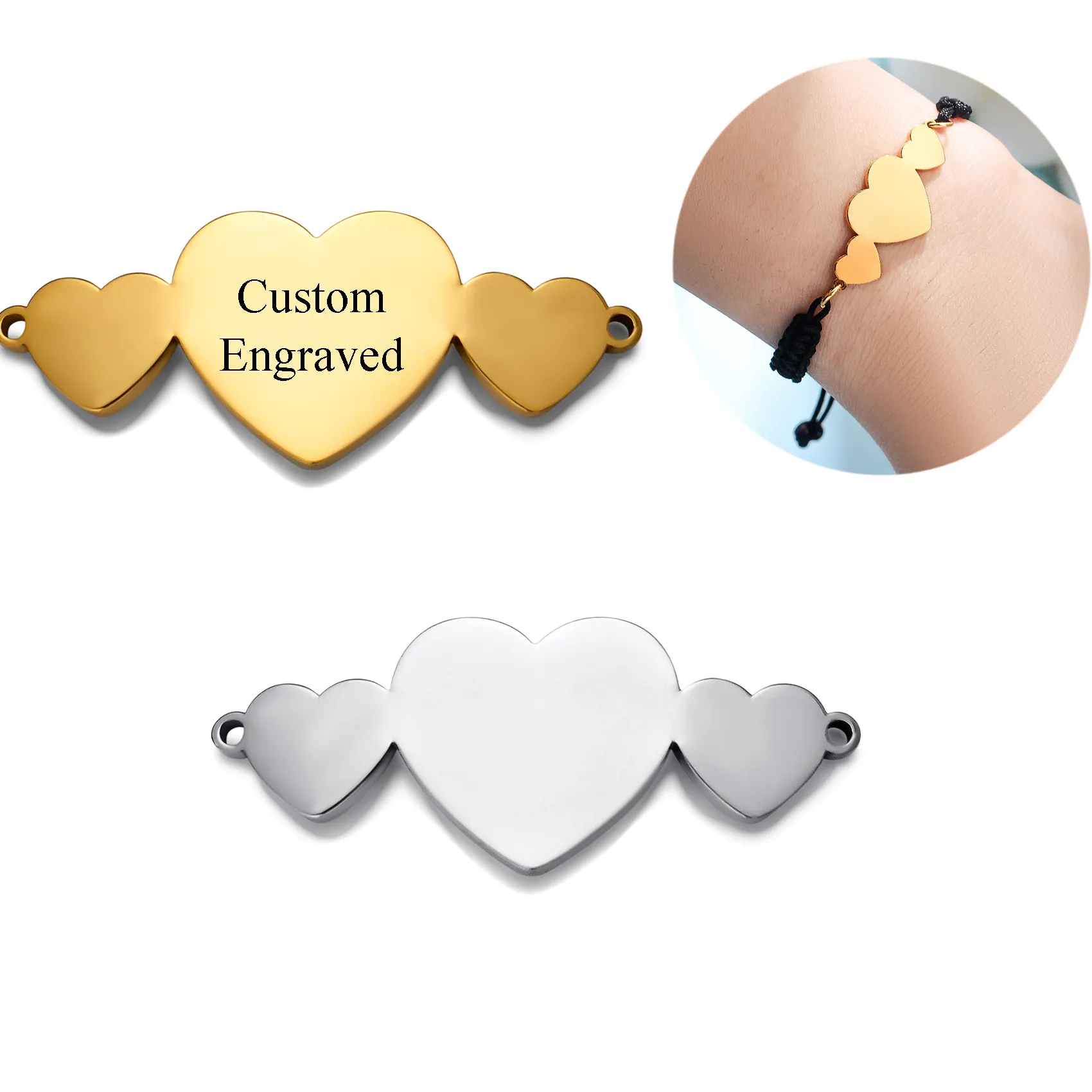 Authentic 5pcs Engraved 3 Heart Charms Connector for DIY Making Jewelry Bracelet Necklace Supplies Accessories