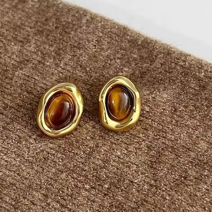 Authentic Real 925 Sterling Silver 18K Gold Irregular Oval Tiger Eye Stone Stud Earrings For Women Trendy Fine Jewelry Niche Accessories
