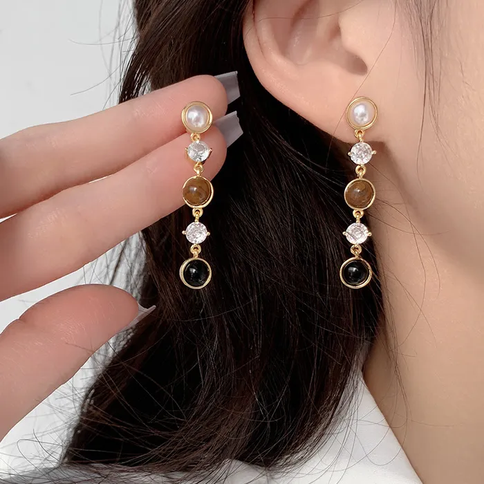 Authentic Vintage pearl tiger eye stone long earrings for women new in fashion high-end diamond inlay earring banquet jewelry gifts