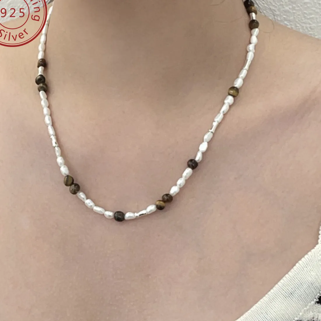 Authentic 925 silver natural Baroque freshwater pearl tiger eye stone beaded necklace, French retro, simple senior feeling