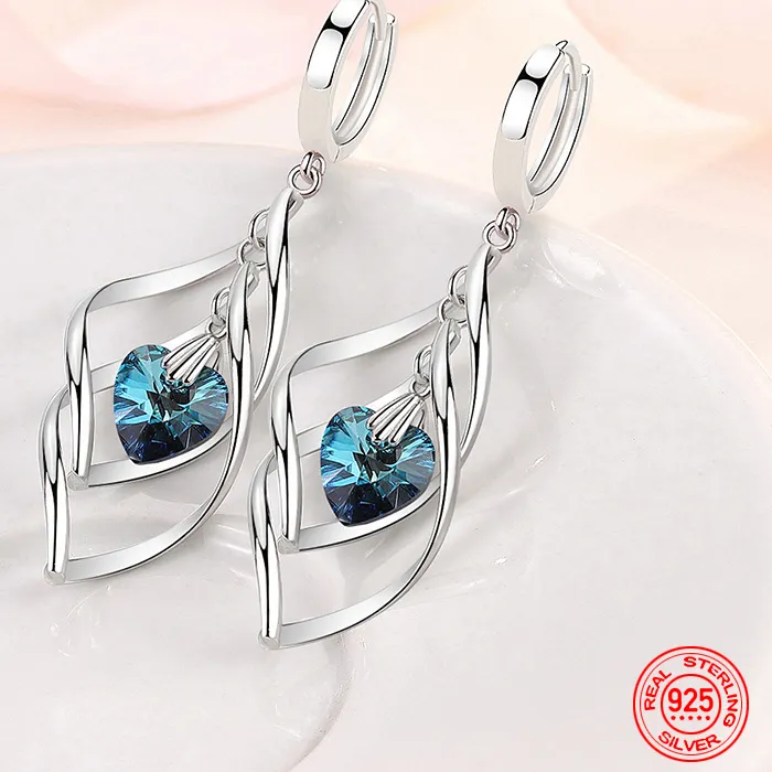Authentic Zdadan 925 Silver Hollow Blue Crystal Long Drop Earrings Jewelry