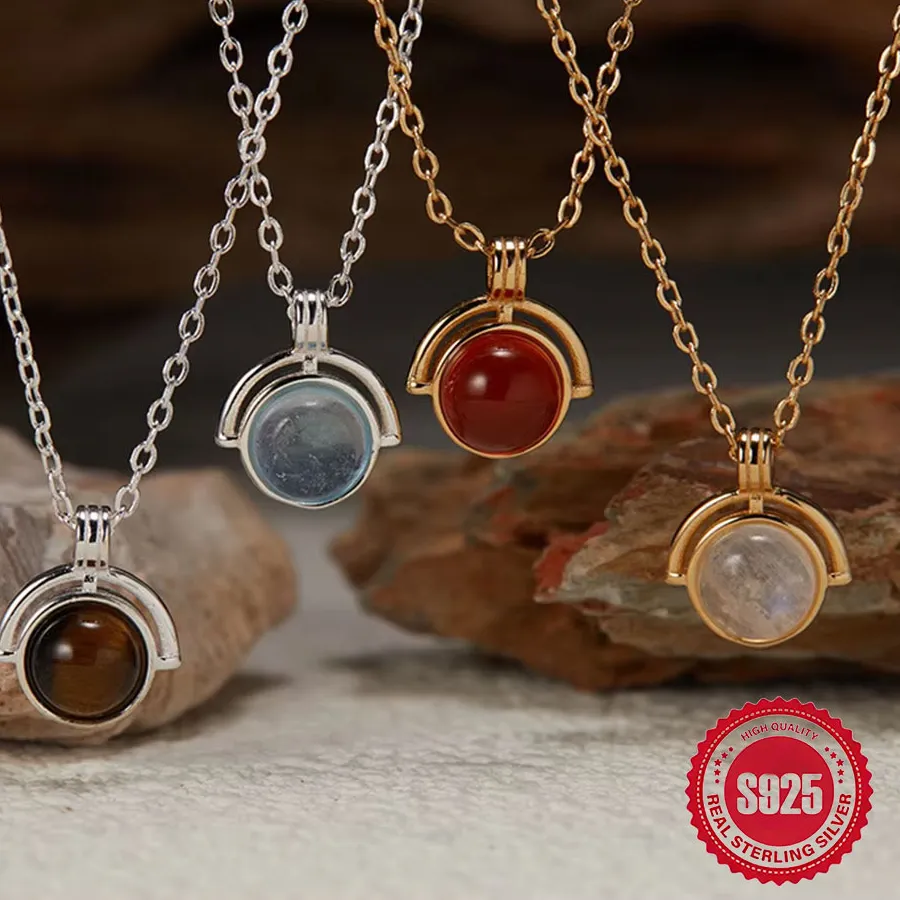 S925 Sterling Silver Exquisite Jewelry Necklace Colorful Natural Agate Tiger Eye Aquamarine Moonstone Pendant
