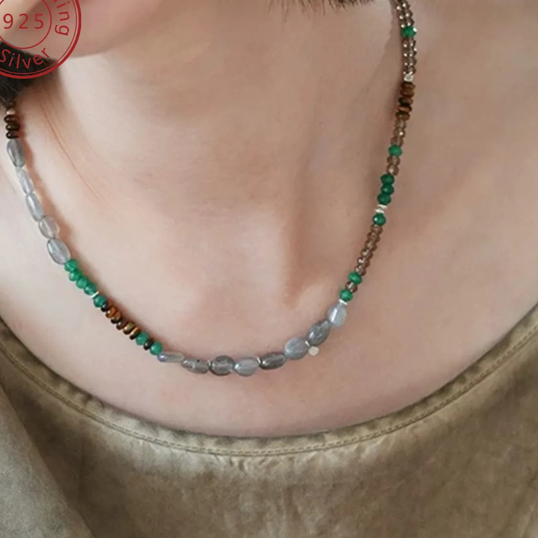 Authentic 925 silver natural gray moonlight tiger eye stone beaded necklace, niche Chinese design, suitable for daily vacation wear