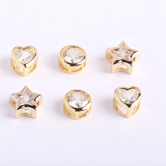 Authentic 14K Gold Plated Rhinestone Heart/Oval/Pentagram Beads Metal Cubic Zirconia Spacer Beads DIY Jewelry Making Accessories