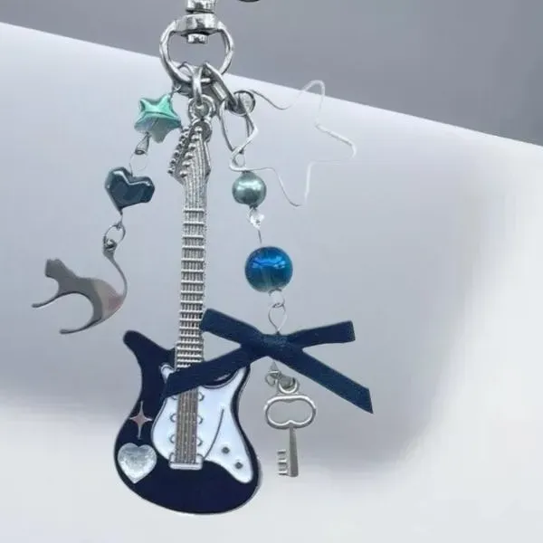 Authentic Y2K Guitar Cat Key Chain For Men Women Pentagram Bow Pendant Rock Punk Bag Accessories