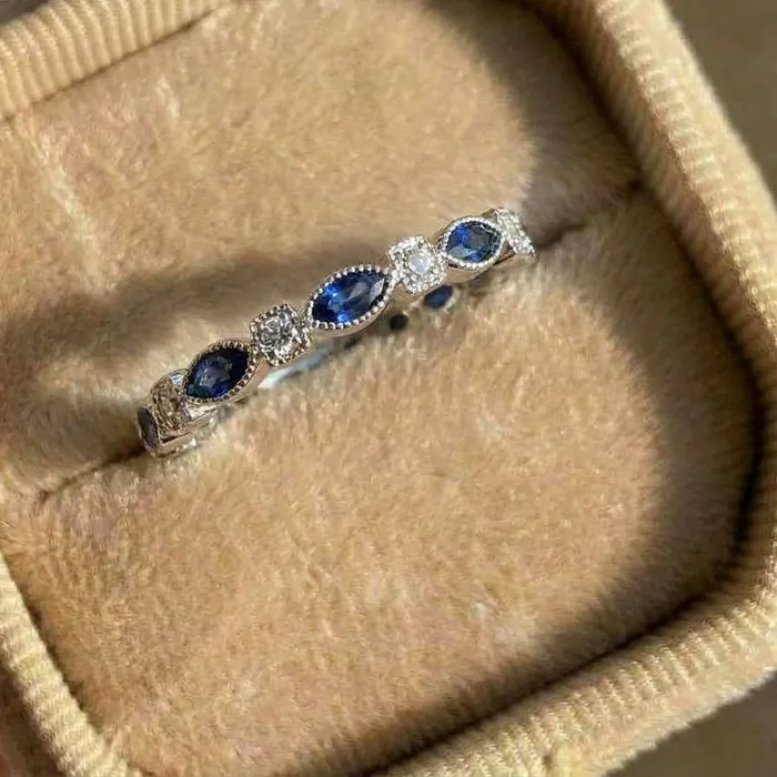 Authentic 925 Sterling Silver Chic Female Finger Ring with Marquise Blue Zircon Eternity Promise Love Rings Daily Wear Party Women Jewelry
