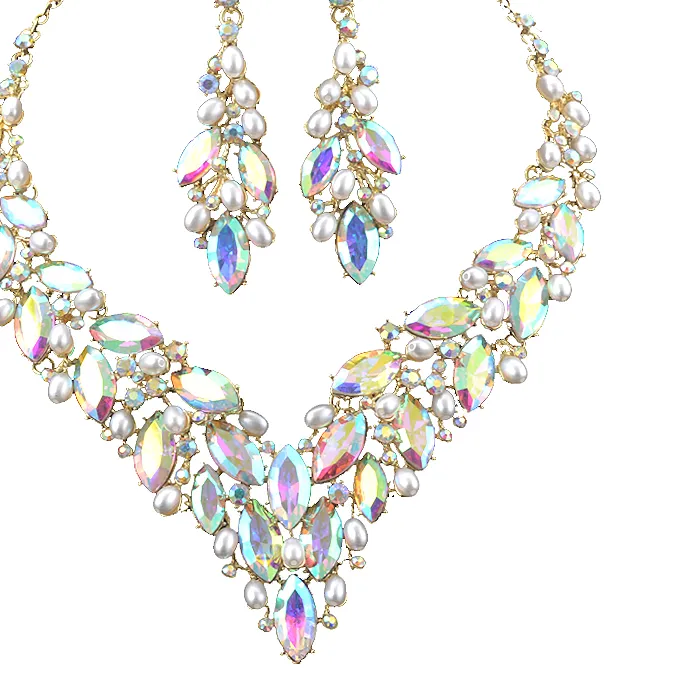 Authentic Delicate Golded Pearl Crystal Necklace Earring Women Brides Bridal Wedding Party  Jewellery Accessories Gift AB Marquise Glass