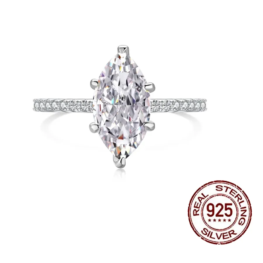 Authentic QooLady Fashion 925 Sterling Silver Marquise Cut Cubic Zircon Dazzling Wedding Engagement Rings for Women Fine Jewelry SE012