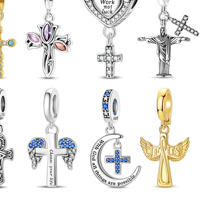 Authentic 925 Sterling Silver Cross Dangle Charms CZ Zircon Wing Jesus Ankh Pendant Beads For Women DIY Bracelet Birthday Jewelry