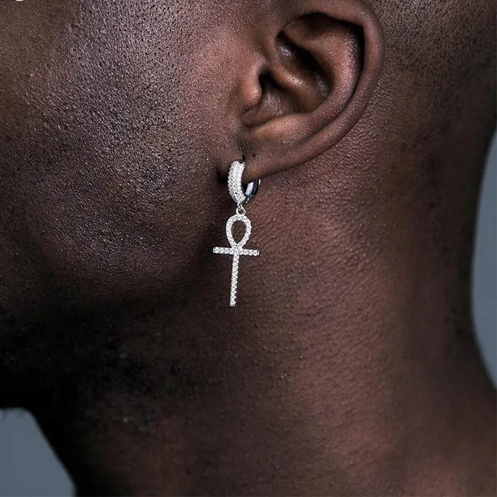 Authentic Topgrillz Iced Zircon Ankh Cross Earring Gold Silver Color Micro Paved Aaa Bling Cz Stone Earrings For Man Hip Hop Jewelry